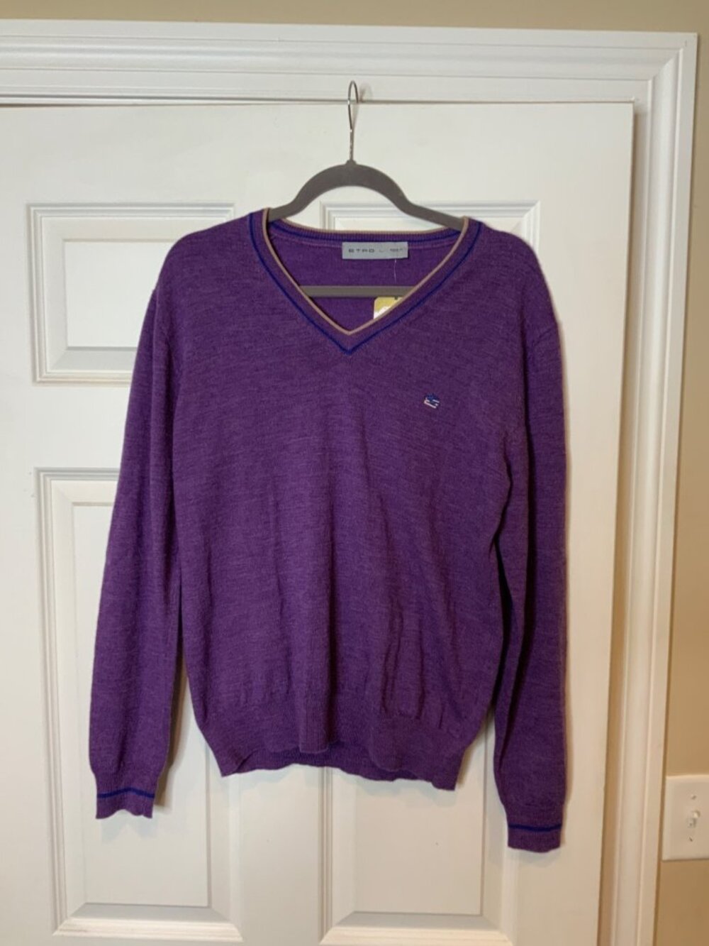 Etro Purple Wool V-Neck Sweater, Size L